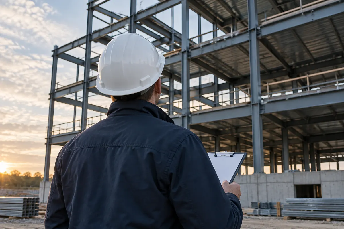 A project manager in a white hard hat and navy jacket, seen from behind, holding a clipboard and looking up at a partly built steel frame