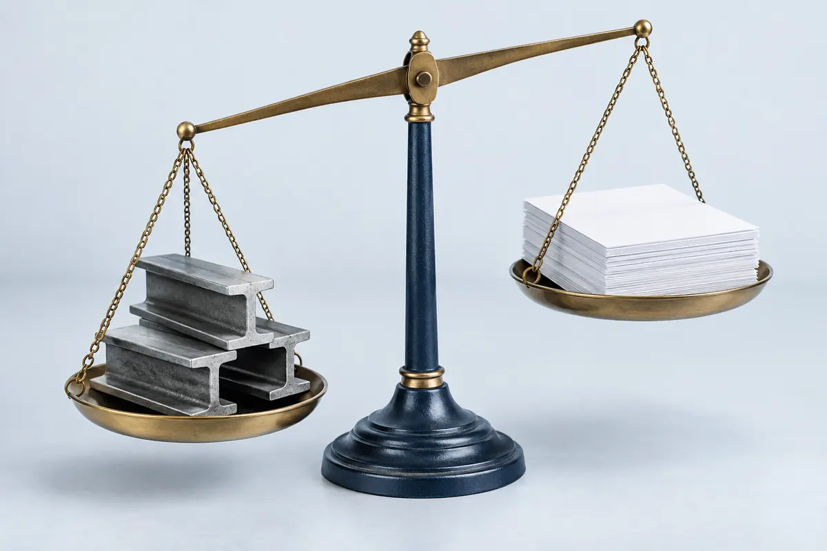 A balance scale with steel beam offcuts on one pan and a stack of blank invoices on the other, tipped toward the steel
