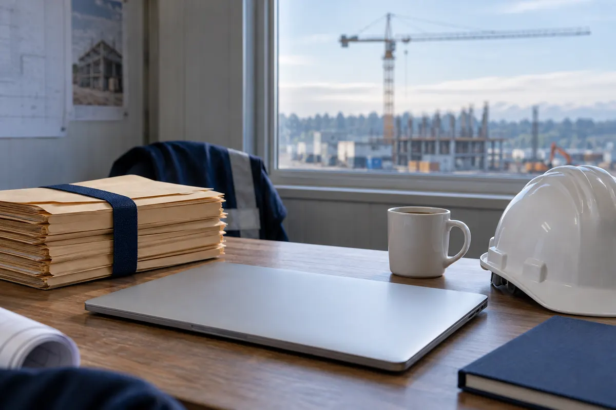 A closed laptop on a site-office table beside manila job folders tied with a navy band, a white hard hat and a coffee mug