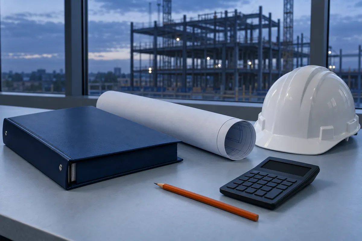 A construction back-office desk with a navy binder, rolled blueprints, a white hard hat and a calculator, with a steel frame through the window