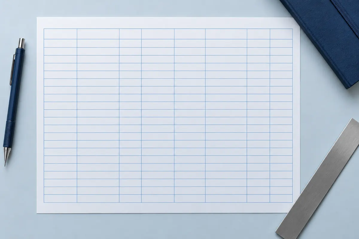 Blank columnar ledger paper on a pale desk with a mechanical pencil, a steel ruler and a navy notebook